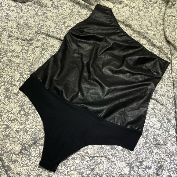 Commando | Tops | Commando Black Faux Leather One Shoulder Bodysuit Xl ...